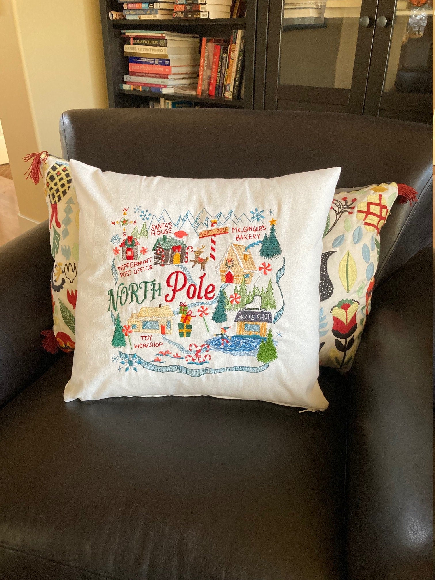 Embroidered Christmas Pillow - North Pole Town Design