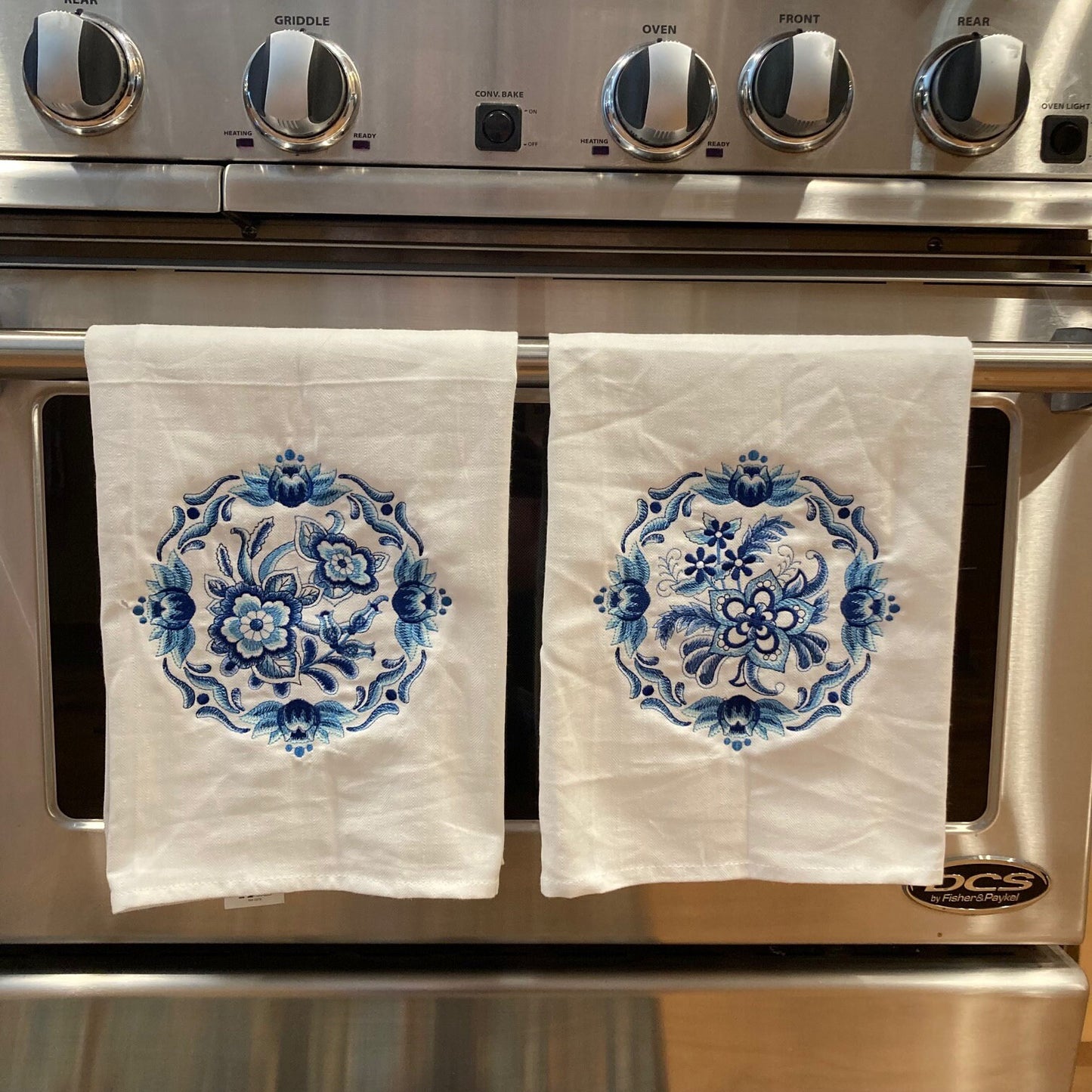 Blue Delft Embroidered Kitchen Towels, Apron or Sofa Pillow - Choose from several gorgeous Designs