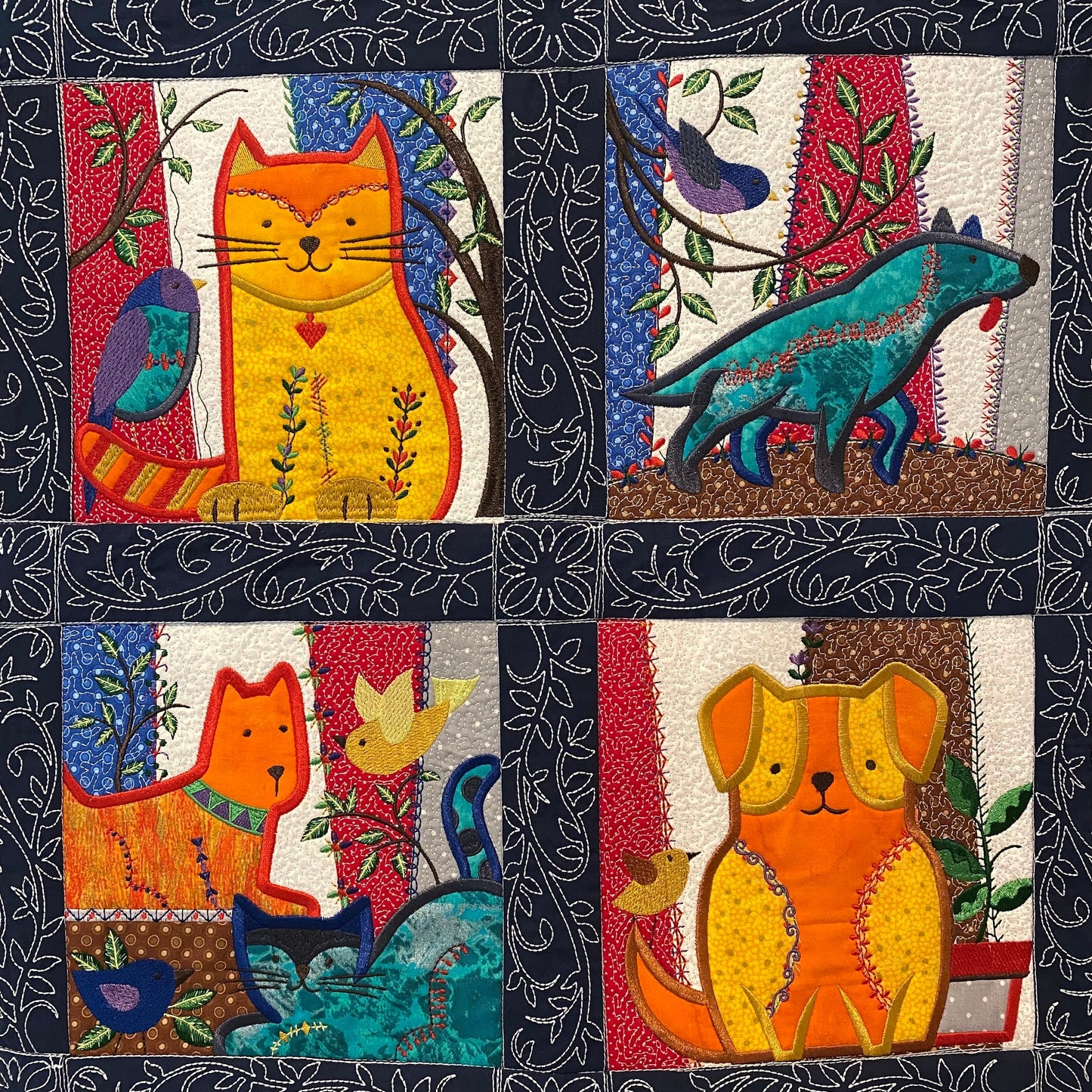 Embroidered Cats and Dogs Wall Hanging