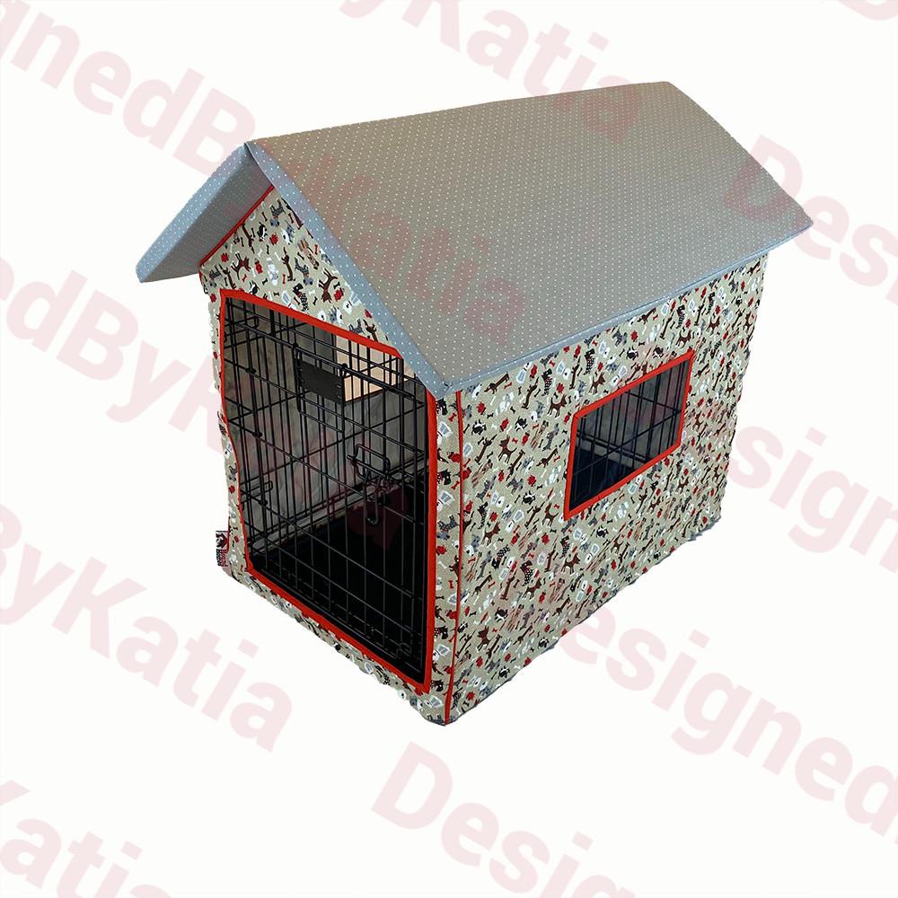 Dog Crate Cover in Brown fabric with Doggies