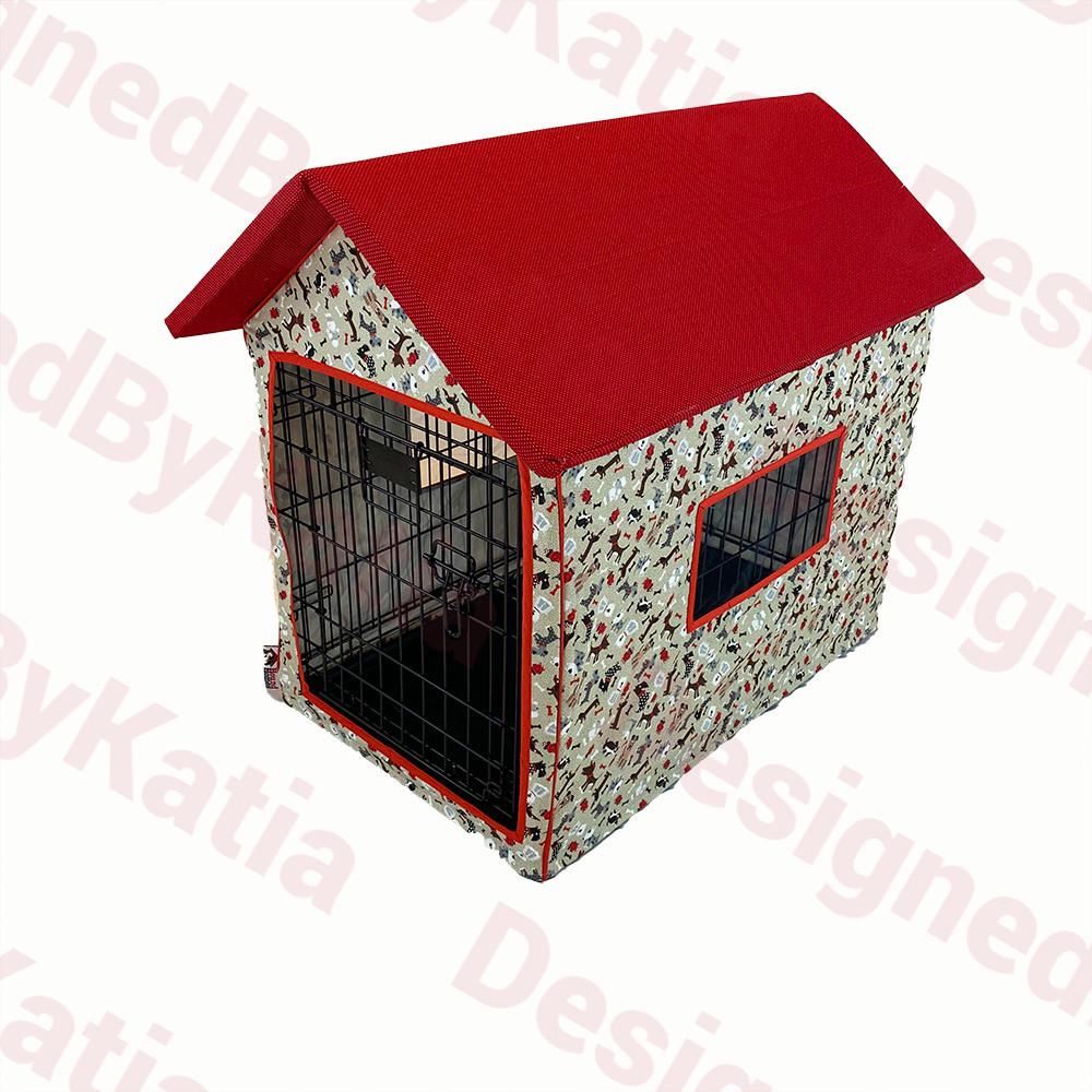 Dog Crate Cover in Brown fabric with Doggies