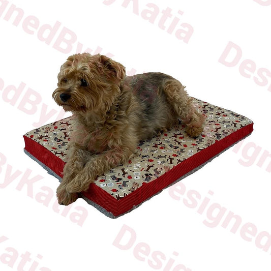 Dog Sherpa Bed - 2" Thick in brown fabric with doggies