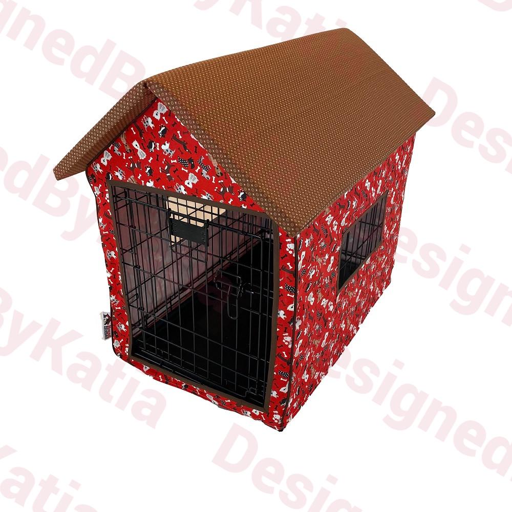 Dog Crate Cover in Red fabric with Doggies