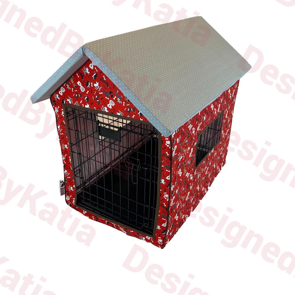 Dog Crate Cover in Red fabric with Doggies