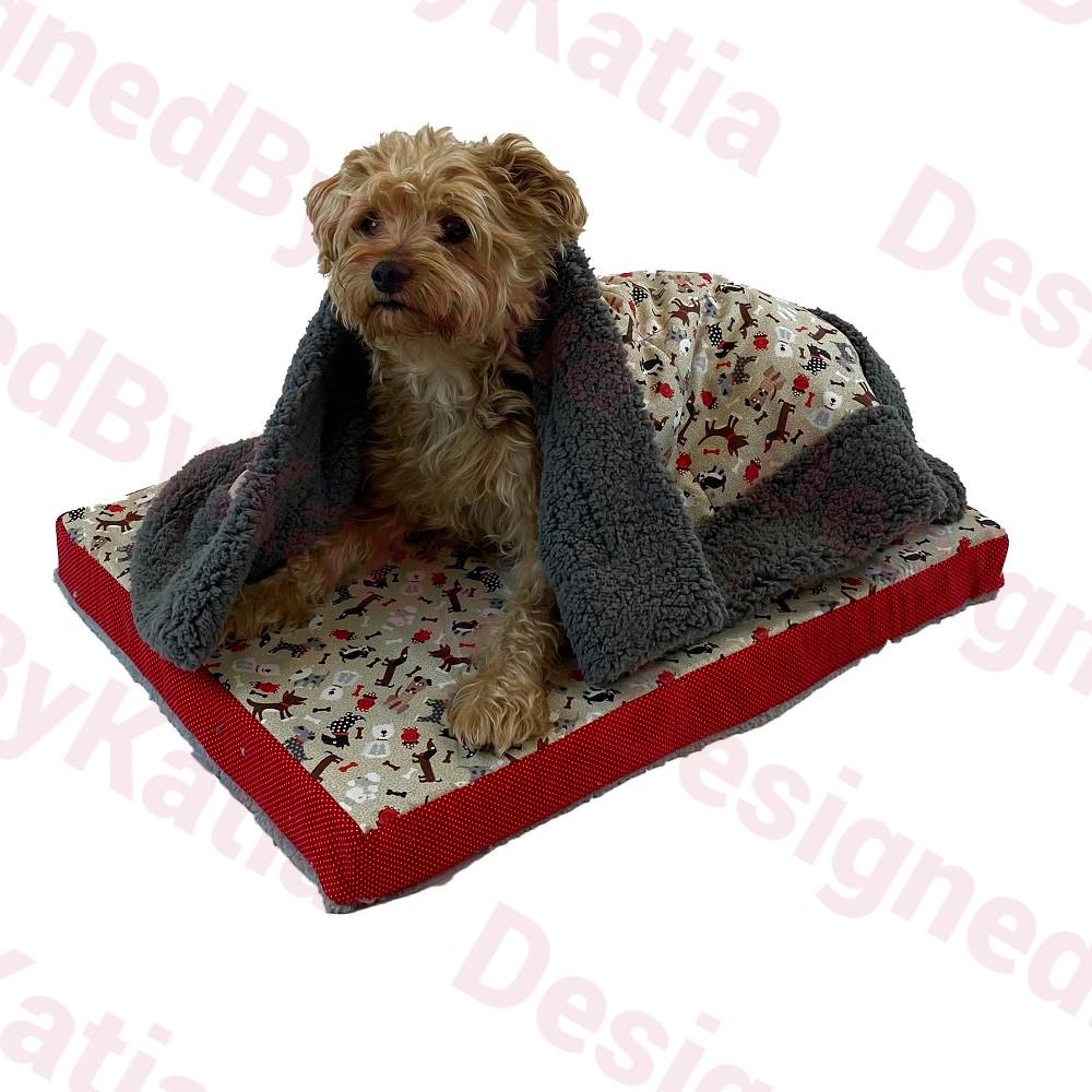 Dog Sherpa Bed - 2" Thick in brown fabric with doggies