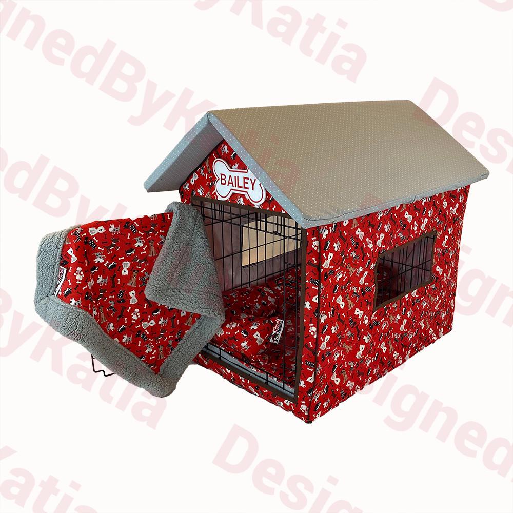 Dog Crate Cover in Red fabric with Doggies