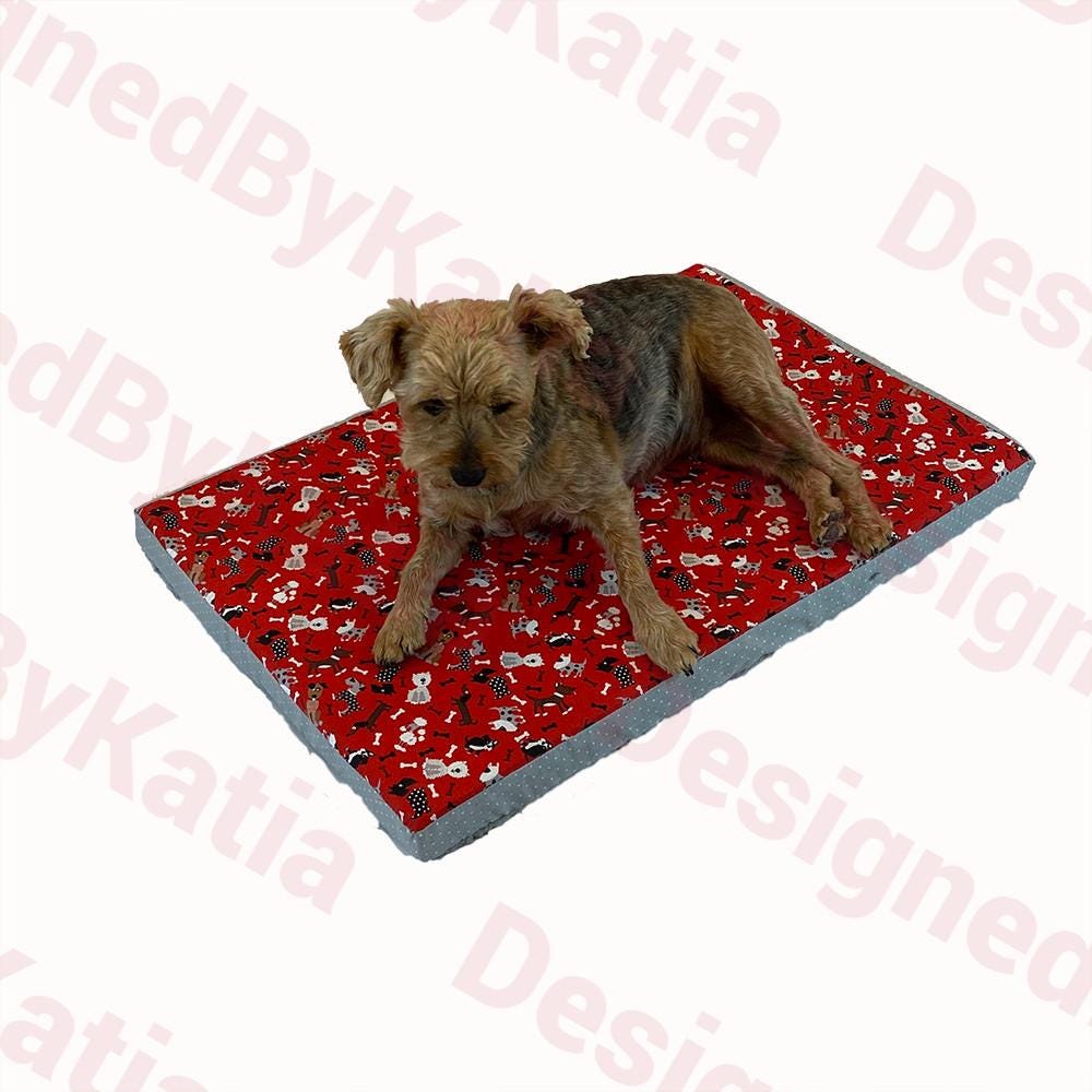 Dog Sherpa Bed - 2" Thick in red fabric with doggies