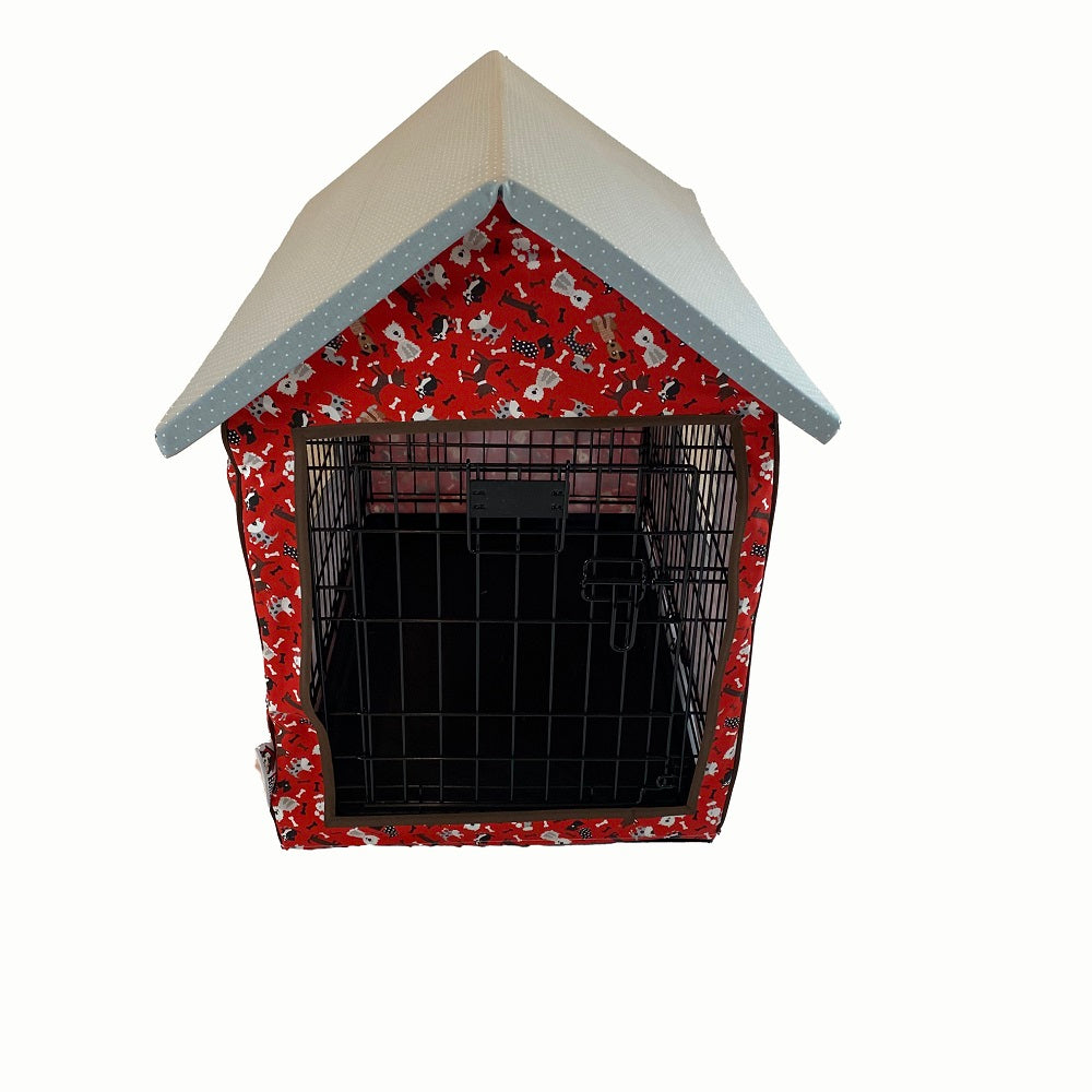 Dog Crate Cover in Red fabric with Doggies