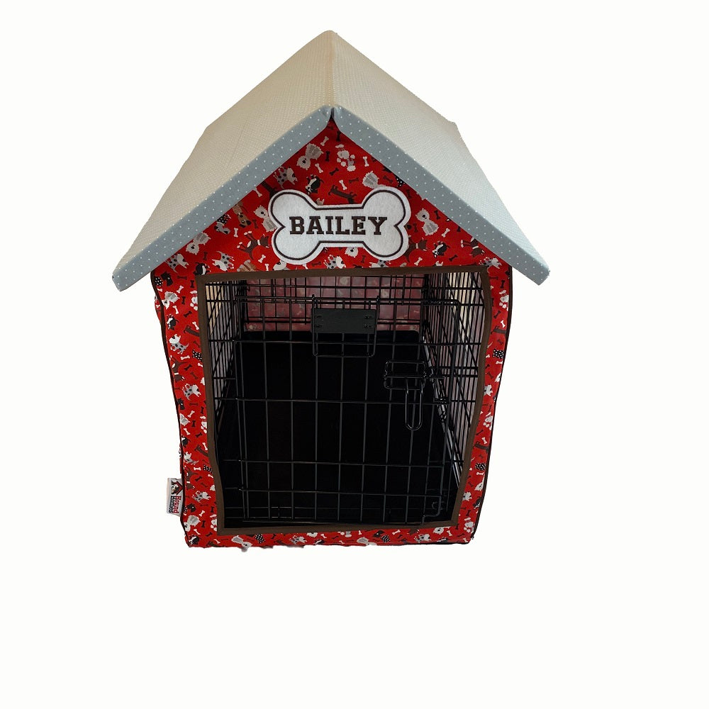 Dog Crate Cover in Red fabric with Doggies